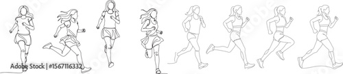 Dynamic Running Girls Line Art Illustration Set - Fitness and Sport Icons