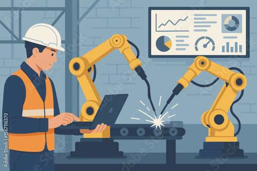 Industrial engineer monitoring and controlling automated welding robotic arms in smart factory with conveyor, data analytics dashboard, safety equipment, modern manufacturing technology vector
