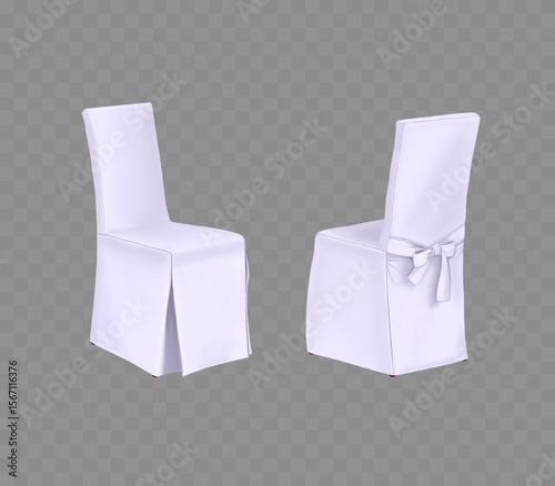 Banquet chair decorated with white fabric with a bow on a transparent background for a banquet, wedding, cafe, restaurant, dining room, interior, recreation. Vector illustration.