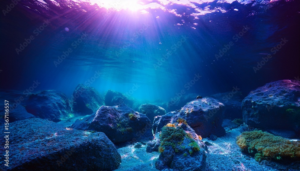 Obraz premium underwater scene with rocks and water lit by neon lights featuring a mystical ambience