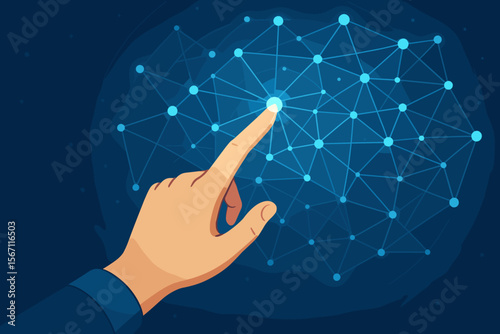 Human hand touching digital network connection. Futuristic interface, innovation, internet technology, neural network, data transfer, communication, artificial intelligence concept illustration