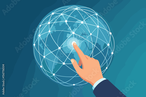 Hand Touching Global Network Sphere. Internet Technology, Big Data, Digital Communication, Worldwide Connectivity, Social Network, Business, Modern Flat Vector, Data Exchange, Science Concept
