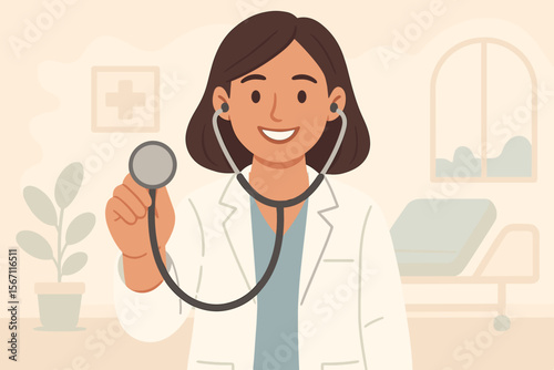 Female doctor with stethoscope in hospital, healthcare professional examining patient, medical consultation, clinic interior, modern flat vector illustration, health service, medical care concept