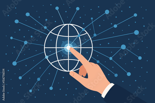Hand Touching Global Network Sphere, Data Connection, Internet Technology, Big Data, Business Communication, Social Media, Digital Connectivity, Modern Flat Vector Illustration