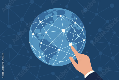 Hand Touching Global Network. Internet Technology, Big Data, Digital Communication, Social Media, Worldwide Connectivity, Business Networking, Modern Flat Vector Illustration, Data Exchange