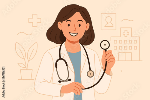 Female doctor with stethoscope in hospital, healthcare professional, medical staff, patient care, modern flat vector illustration, clinic service, healthcare worker, medical consultation concept