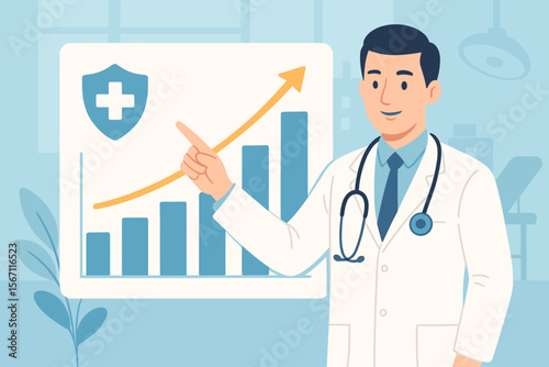 Doctor with Stethoscope Presenting Healthcare Business Growth Chart, Medical Insurance Analysis, Hospital Data, Health Statistics, Medical Examination, Medicine Business Success Concept