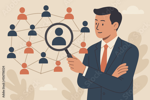 Human resource management HRM recruitment concept. Businessman holding magnifier searching employee. Teamwork, staff selection, network connection, talent acquisition, customer relationship strategy