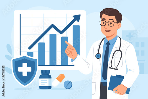 Health insurance growth chart with doctor pointing at rising healthcare business data, medical examination concept, medicine, health protection, and insurance progress illustration