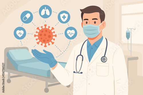 Doctor in hospital with stethoscope and gloves presenting COVID-19 virus icons, healthcare and medical treatment concept, pandemic crisis, patient care, hospital bed, health protection symbols