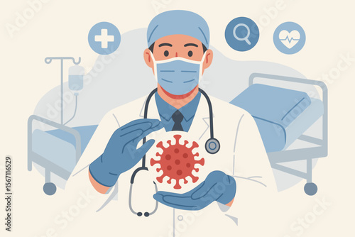 Medical doctor in protective gloves holding coronavirus COVID-19 symbol, hospital bed background, healthcare crisis, pandemic prevention, virus outbreak, medical safety, hospital care concept