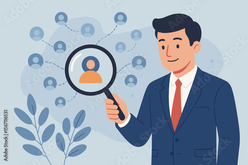 Human resource management HRM concept. Businessman in suit holding magnifier searching for employee. Recruitment, talent acquisition, staff selection, personnel development, customer relationship