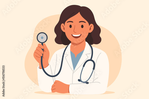 Female doctor in white coat holding stethoscope, healthcare professional, medical service, patient care, hospital staff, modern flat vector illustration, medicine, health concept