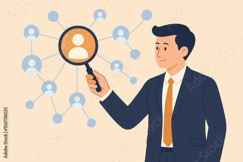 Human resource management recruitment concept. Businessman in suit holding magnifier searching for employee. HRM talent acquisition, staff selection, candidate search, customer relationship network