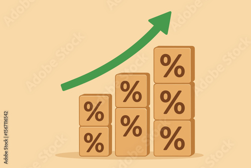 Rising Percentage Symbol on Wooden Blocks with Upward Arrow, Financial Growth, Investment Savings, Mortgage Interest Rate Increase, Business Profit, Dividend, Economic Success Concept