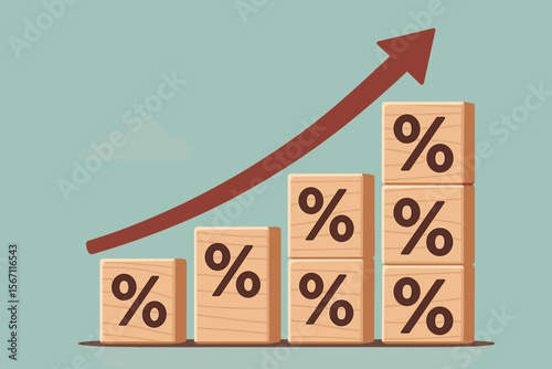 Rising percentage sign symbol on stacked wooden blocks with upward arrow, financial growth, investment, mortgage interest rate increase, business profit, savings, dividend, economic progress