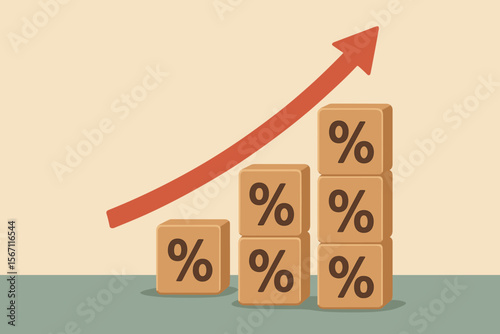 Rising Percentage Symbol on Wooden Blocks with Upward Arrow, Concept for Financial Growth, Investment Returns, Mortgage Interest, Business Profit, Savings Increase, Economic Success