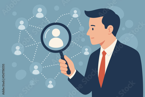 Human resource management HRM concept. Businessman in suit holding magnifying glass searching employee icon. Recruitment, talent acquisition, staff selection, customer relationship, team network