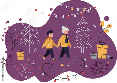 Elderly couple walking hand in hand during winter holiday season with festive lights and gifts around purple background 
