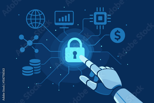 Artificial Intelligence Robot Hand Touching Security Padlock, Cybersecurity Data Protection, Business Network, Financial Banking, Digital Technology, Secure Data Exchange, Cyber Crime Prevention