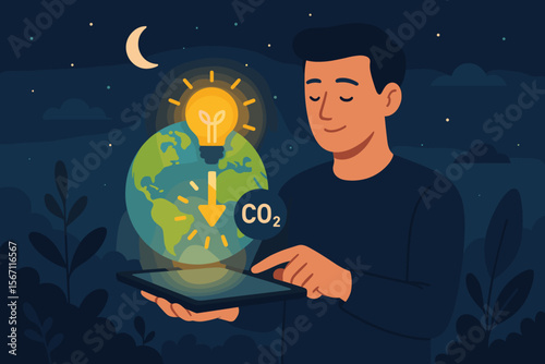 Sustainable energy innovation concept with man holding tablet, earth, glowing light bulb, CO2 reduction symbol at night. Global warming, climate change, renewable energy, carbon emissions solution