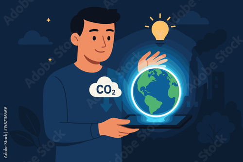 Sustainable energy innovation for reducing CO2 emissions. Man holding glowing Earth on tablet at night. Climate change, global warming, green technology, carbon reduction, eco-friendly solutions.
