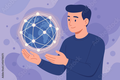 Global network connection concept. Man holding digital globe with interconnected nodes. Internet communication, data exchange, worldwide technology, social media, modern flat vector illustration