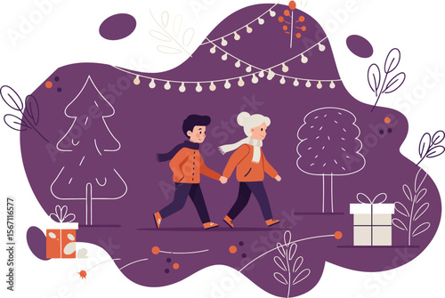 Two People Walking Hand in Hand in Purple Themed Outdoor Scene with String Lights and Gift Box 