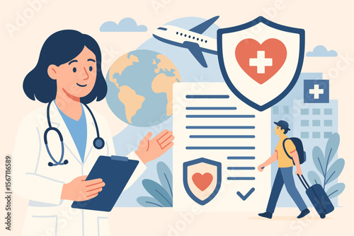 Medical tourism and health travel insurance concept. International patient care, global healthcare services, hospital, doctor, travel safety, medical protection, vector illustration