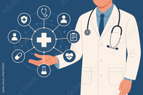 Medical technology network concept. Digital healthcare interface with doctor holding medical icons. Telemedicine, health data, online consultation, clinical services, modern medicine innovation