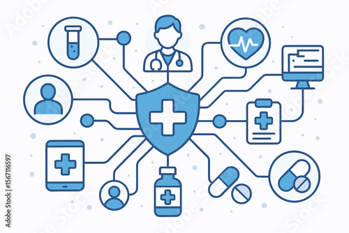 Healthcare technology network concept. Medical data integration, digital health records, telemedicine, doctor, prescription, pills, mobile app, laboratory, security, modern flat vector illustration