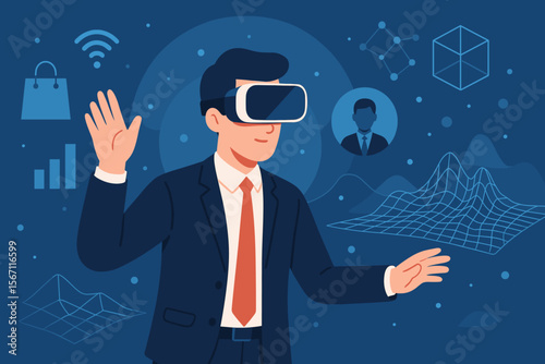 Businessman Using VR Headset in Metaverse Technology Concept, Virtual Reality, Augmented Visualization, Digital Data Analysis, Future Business Innovation, Networking, Artificial Intelligence