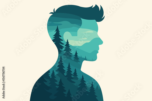 Double exposure silhouette of man with pine forest and mountains inside head. Nature landscape in male profile. Mental health, mindfulness, meditation, inner peace, psychology, wilderness concept art