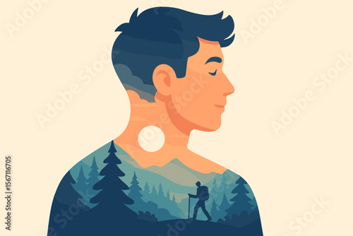 Double exposure silhouette of man with scenic mountain landscape, hiker trekking through forest at sunrise, adventure travel concept, nature exploration, inspirational journey, modern vector art