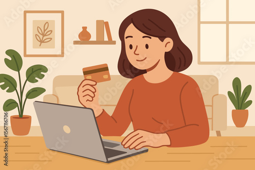 Woman Shopping Online at Home with Gold Credit Card and Laptop, Secure Payment, E-Commerce, Digital Banking, Cozy Living Room, Modern Flat Vector Illustration, Financial Technology Concept
