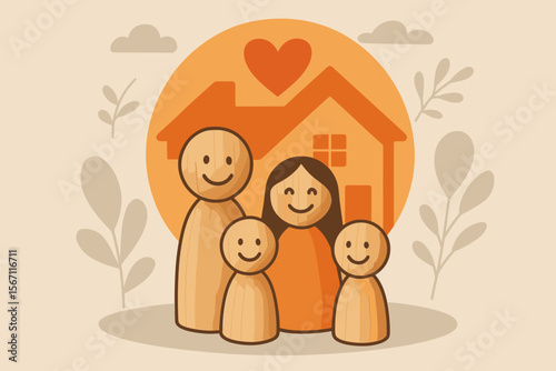 Wooden Doll Family Happy Faces Standing Together in Front of House, Symbolizing Adoption, Foster Care, Homeless Support, Family Mental Health, Domestic Violence Prevention, Social Distancing Concept