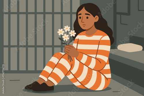 Female inmate in orange striped prison uniform sitting on cell floor holding white daisy flowers, hope and resilience concept, modern flat vector illustration, incarceration, justice, solitude