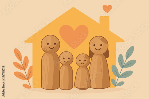 Happy Wooden Doll Family in Safe Home, Adoption, Foster Care, Family Support, Mental Health, Domestic Violence Prevention, Social Distancing, Love and Protection Concept, Modern Flat Vector