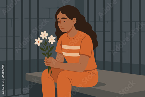 Female prisoner sitting on prison bed holding white daisies, hope and resilience concept, modern flat vector illustration, incarceration, jail, emotional moment, rehabilitation, solitude