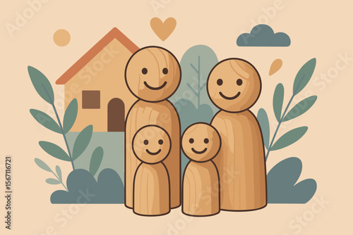 Happy Wooden Doll Family Together at Home, Adoption and Foster Care Concept, Support for Homeless, Family Mental Health, Domestic Violence Prevention, Social Distancing, Modern Flat Vector