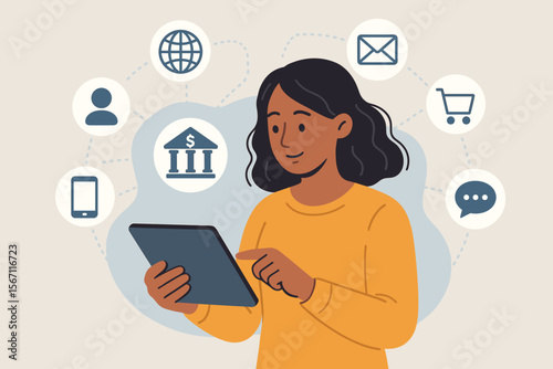 Woman using tablet for online banking, digital payment, communication, global internet connection, omnichannel customer service, e-commerce, technology network, modern flat vector illustration