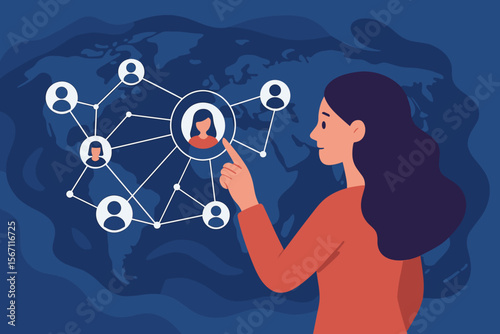 Concept of social media and global networking. Woman interacts with a digital interface of user profiles. Internet business, online community, and telecommunication technology vector.