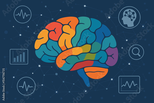 Abstract colorful brain vector for medical analysis and diagnosis. Neurology science and research concept with brain testing results, data graphs, and EEG icons on a virtual interface.