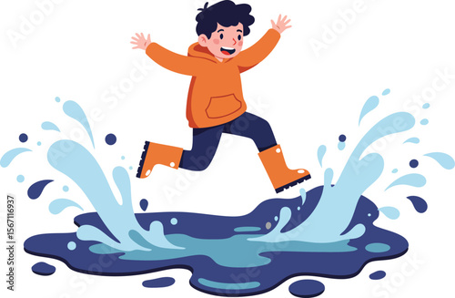 Child jumping energetically into water puddle wearing orange rain boots and jacket for playful outdoor fun 