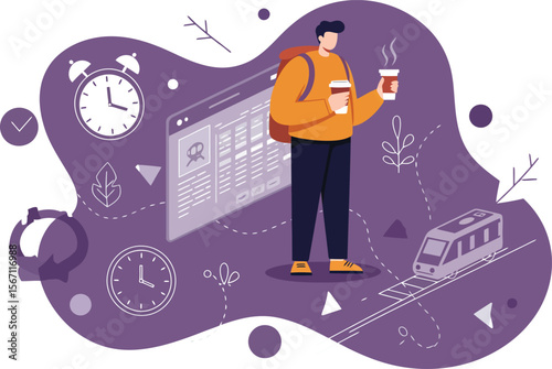 Young man waiting for train with coffee in urban transit station illustration in purple tones 