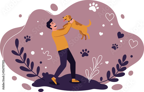 Man playing with dog in purple background with heart shapes and paw prints in cozy atmosphere 