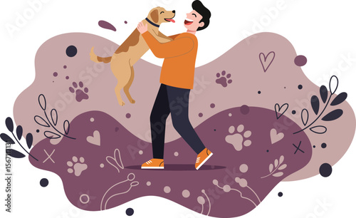 Man lifting small dog in orange sweater with paw print background and heart illustration in modern flat style 