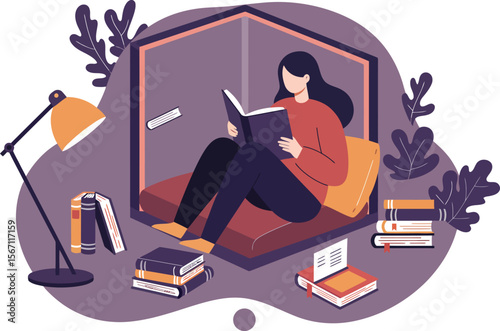 Woman reading book in cozy corner with modern lamp and scattered books in quiet indoor setting 