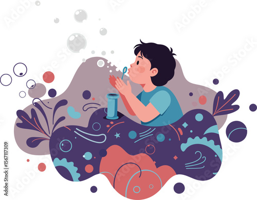 Child blowing bubbles in playful underwater-themed illustration with blue and coral colors 