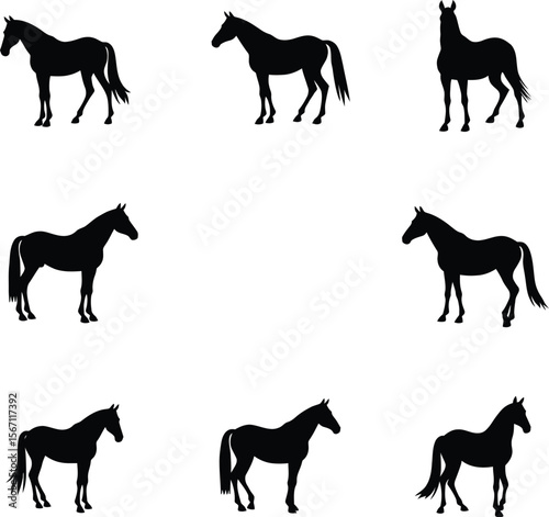 Six horse silhouettes standing various poses